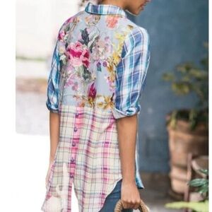Soft surroundings Serena plaid button-down 3/4 sleeves XS embroidered floral